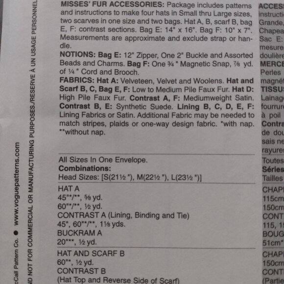 Vogue Fur Hat, Scarves and Purse Bags Sewing Pattern Winter Wear UNCUT 8141 - Picture 7 of 9